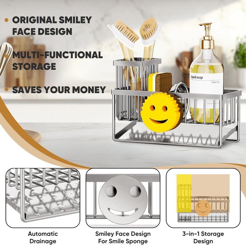 Taugast Sponge Holder for Kitchen Sink,Smiley Face Sink Caddy with Removable Brush Holder,Self-Draining Sponge Caddy for Soap,Dish Brush,Scrubber,Kitchen Essentials and Gadgets-Silver - Image 3